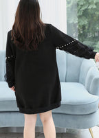 Women Plus Size Black O Neck Nail Bead Patchwork Faux Suede Top Fall