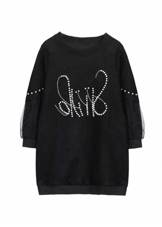 Women Plus Size Black O Neck Nail Bead Patchwork Faux Suede Top Fall