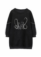 Women Plus Size Black O Neck Nail Bead Patchwork Faux Suede Top Fall