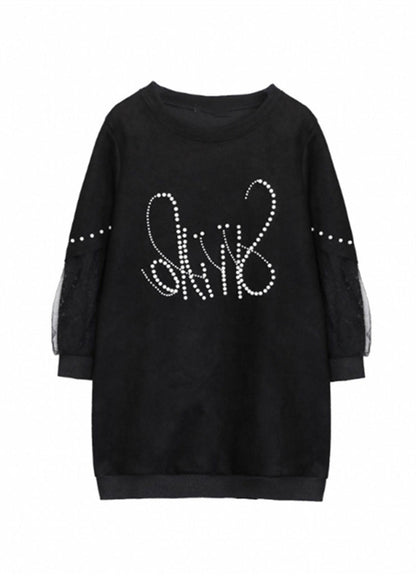 Women Plus Size Black O Neck Nail Bead Patchwork Faux Suede Top Fall
