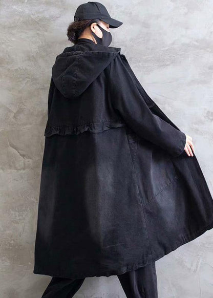 Women Plus Size Overcoat Denim Black Hooded Ruffles Outwear