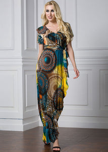 Women Print Tie Waist Ice Silk Vacation Long Dresses Summer