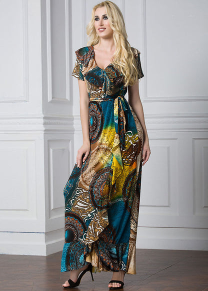 Women Print Tie Waist Ice Silk Vacation Long Dresses Summer