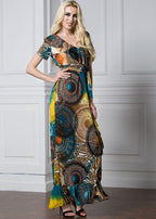 Women Print Tie Waist Ice Silk Vacation Long Dresses Summer