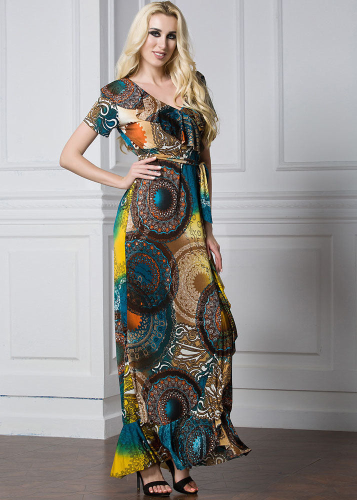 Women Print Tie Waist Ice Silk Vacation Long Dresses Summer