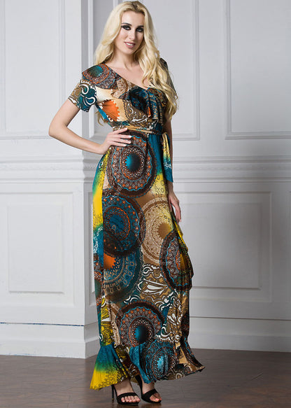 Women Print Tie Waist Ice Silk Vacation Long Dresses Summer