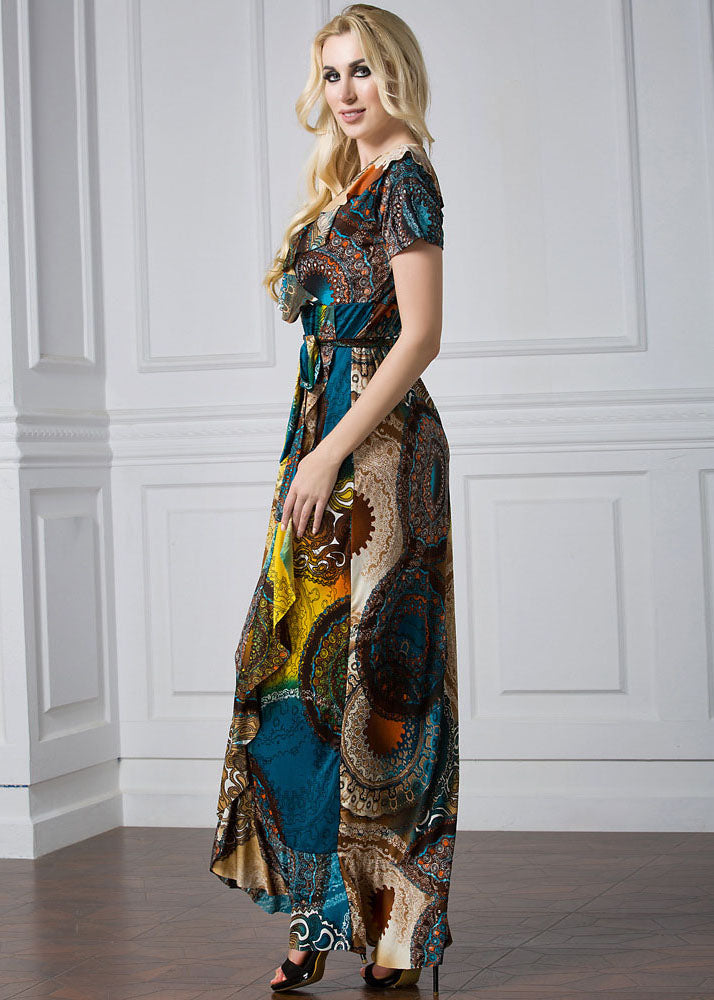 Women Print Tie Waist Ice Silk Vacation Long Dresses Summer