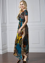 Women Print Tie Waist Ice Silk Vacation Long Dresses Summer