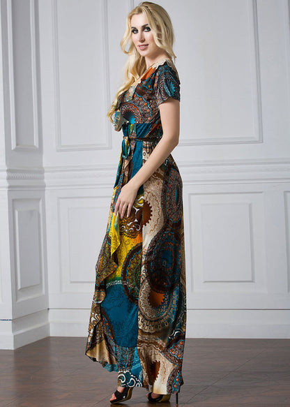 Women Print Tie Waist Ice Silk Vacation Long Dresses Summer