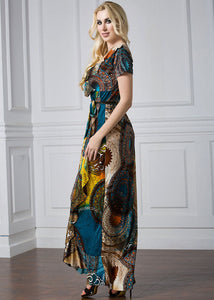 Women Print Tie Waist Ice Silk Vacation Long Dresses Summer