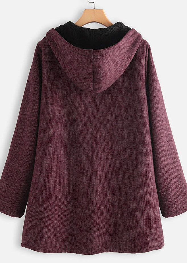 Women Purple Hooded Pockets Zippered Warm Fleece Coats Fall