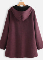 Women Purple Hooded Pockets Zippered Warm Fleece Coats Fall