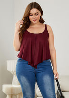 Women Red Backless Wrinkled Patchwork Cotton Spaghetti Strap Tops Sleeveless