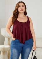 Women Red Backless Wrinkled Patchwork Cotton Spaghetti Strap Tops Sleeveless