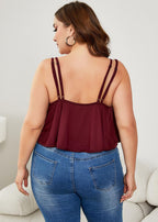 Women Red Backless Wrinkled Patchwork Cotton Spaghetti Strap Tops Sleeveless