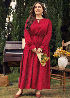 Women Red Dot Print Wrinkled Long Dress Long Sleeve