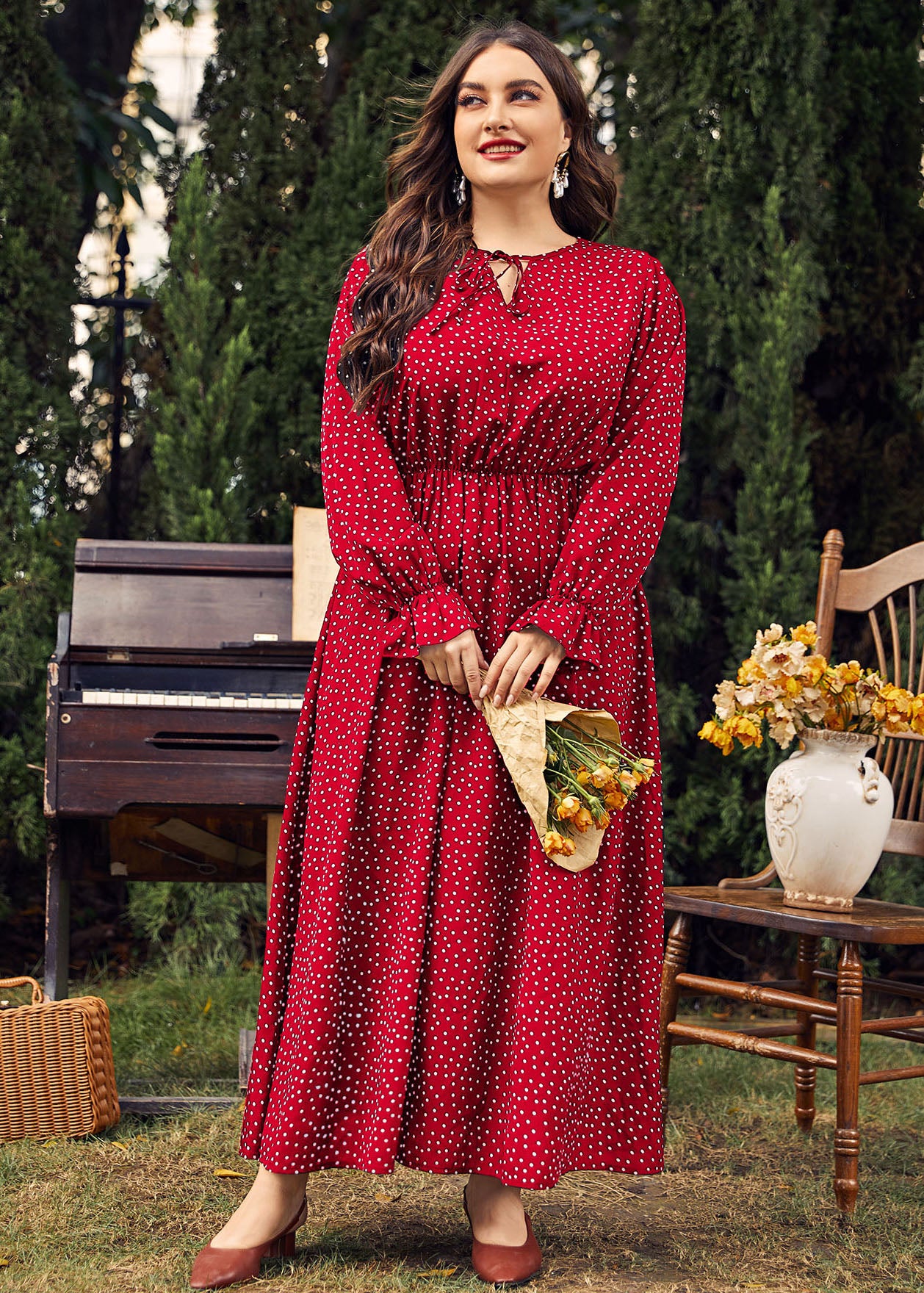 Women Red Dot Print Wrinkled Long Dress Long Sleeve