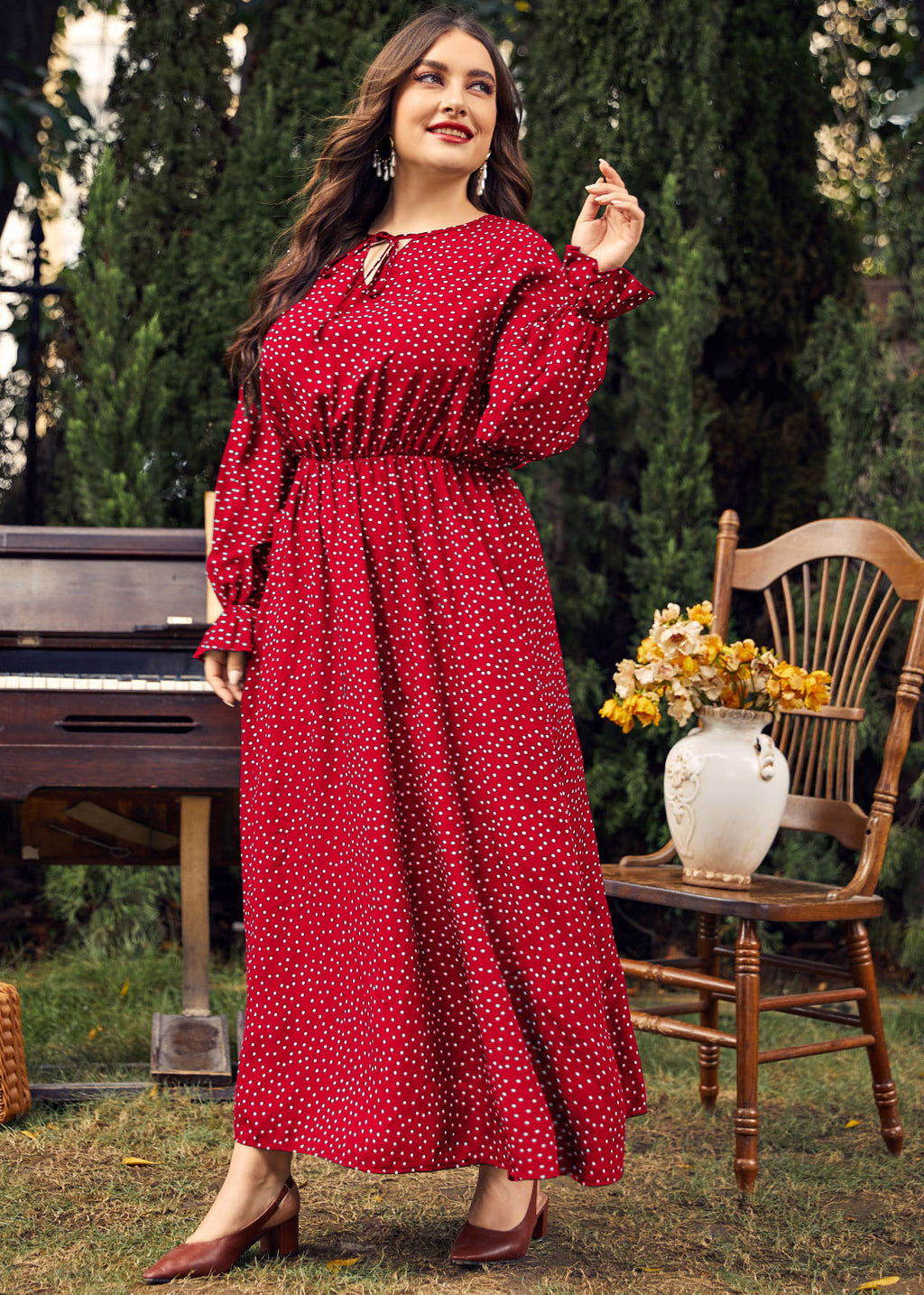 Women Red Dot Print Wrinkled Long Dress Long Sleeve