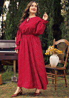 Women Red Dot Print Wrinkled Long Dress Long Sleeve