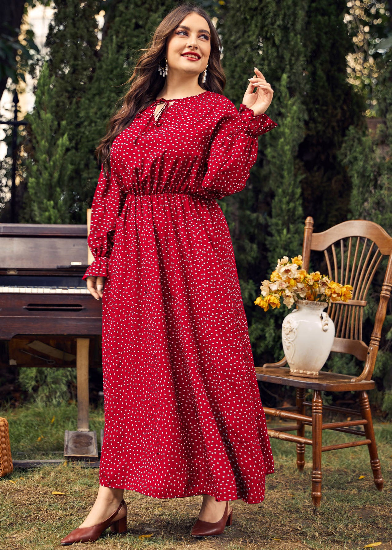 Women Red Dot Print Wrinkled Long Dress Long Sleeve