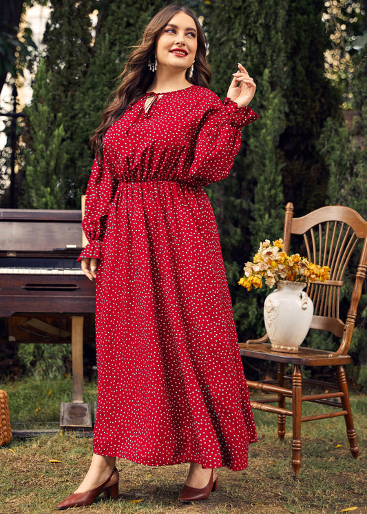 Women Red Dot Print Wrinkled Long Dress Long Sleeve