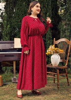 Women Red Dot Print Wrinkled Long Dress Long Sleeve