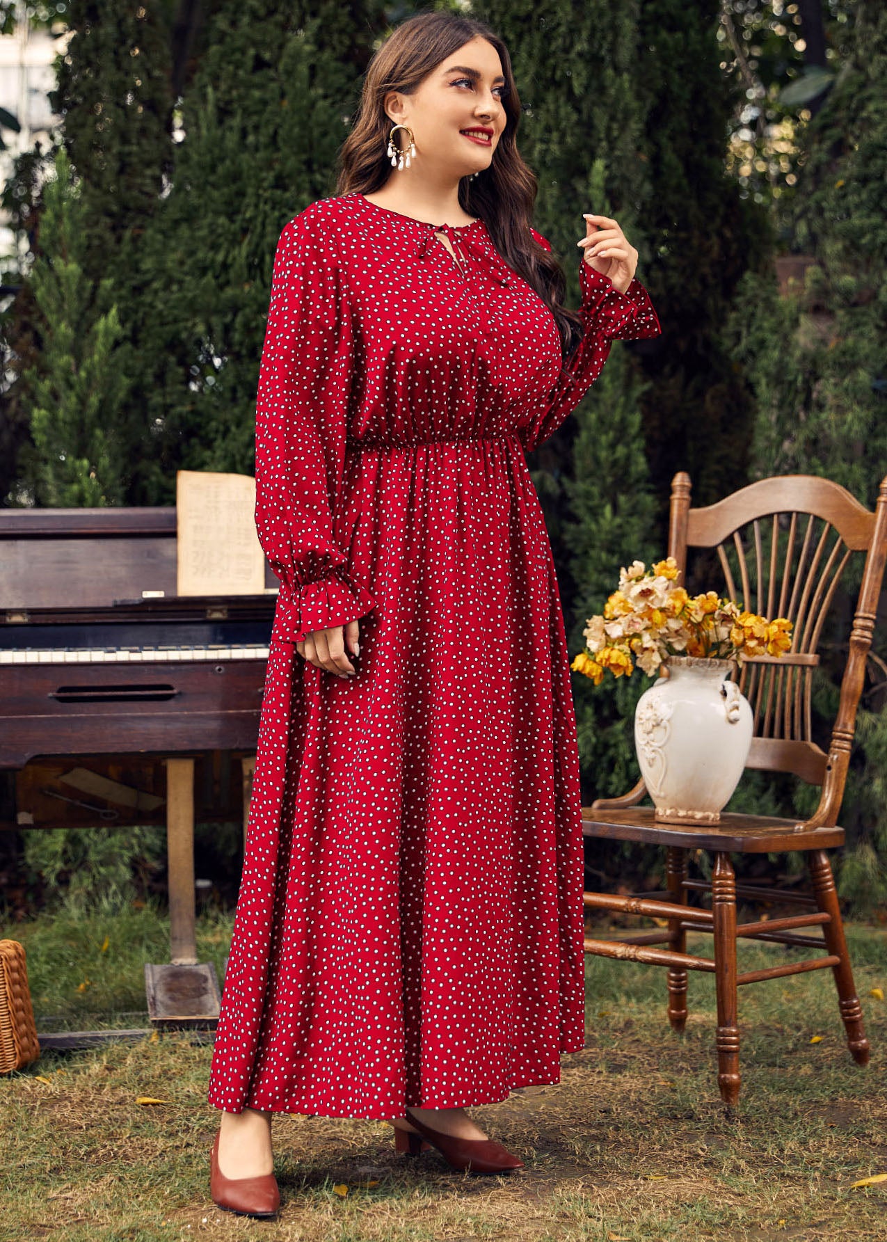 Women Red Dot Print Wrinkled Long Dress Long Sleeve