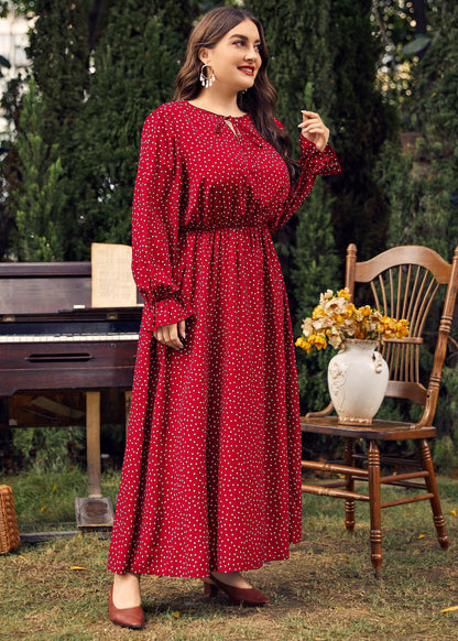 Women Red Dot Print Wrinkled Long Dress Long Sleeve