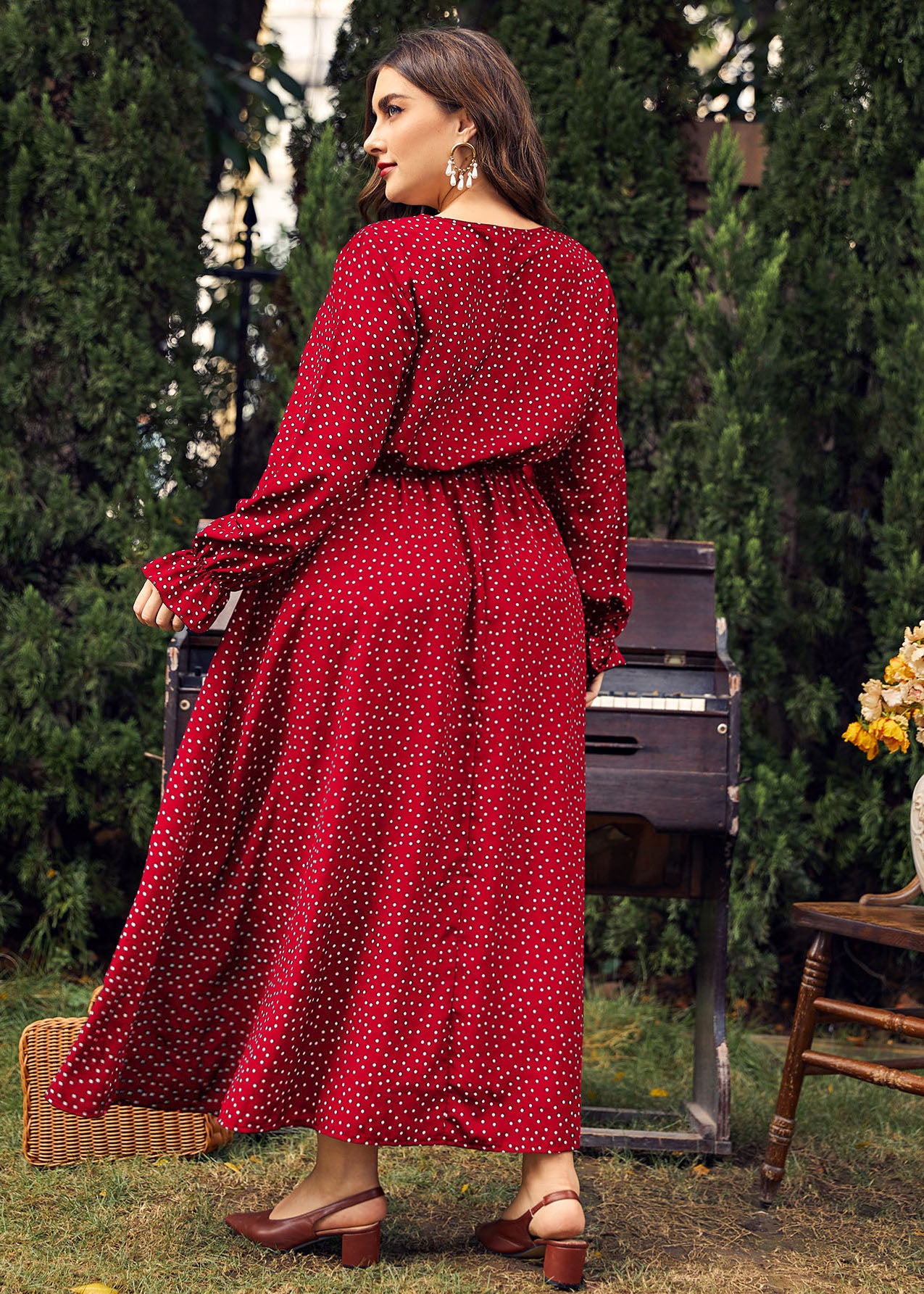 Women Red Dot Print Wrinkled Long Dress Long Sleeve