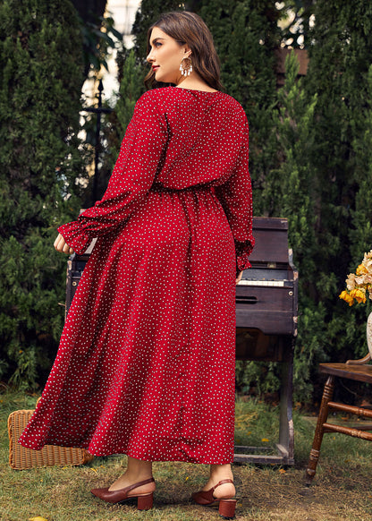Women Red Dot Print Wrinkled Long Dress Long Sleeve