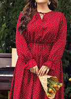 Women Red Dot Print Wrinkled Long Dress Long Sleeve