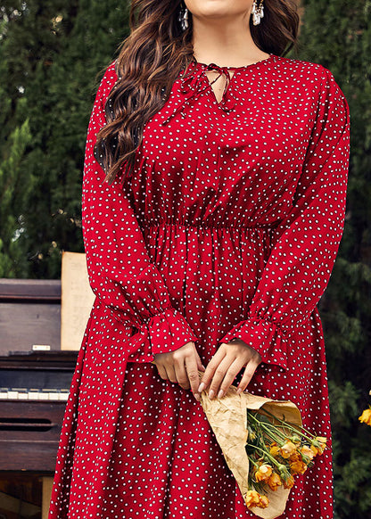 Women Red Dot Print Wrinkled Long Dress Long Sleeve
