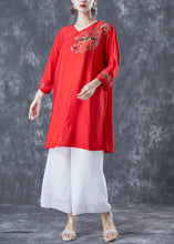 Load image into Gallery viewer, Women Red Embroideried Linen Party Dress Bracelet Sleeve