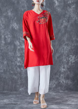 Load image into Gallery viewer, Women Red Embroideried Linen Party Dress Bracelet Sleeve