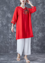 Load image into Gallery viewer, Women Red Embroideried Linen Party Dress Bracelet Sleeve
