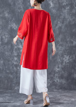 Load image into Gallery viewer, Women Red Embroideried Linen Party Dress Bracelet Sleeve