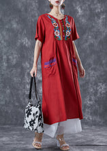 Load image into Gallery viewer, Women Red Embroideried Patchwork Linen Dress Summer