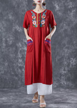 Load image into Gallery viewer, Women Red Embroideried Patchwork Linen Dress Summer