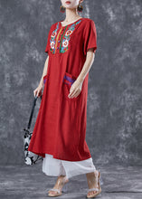 Load image into Gallery viewer, Women Red Embroideried Patchwork Linen Dress Summer