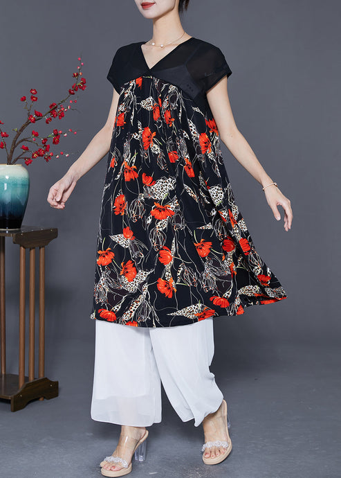 Women Red Floral Exra Large Hem Chiffon Maxi Dresses Summer