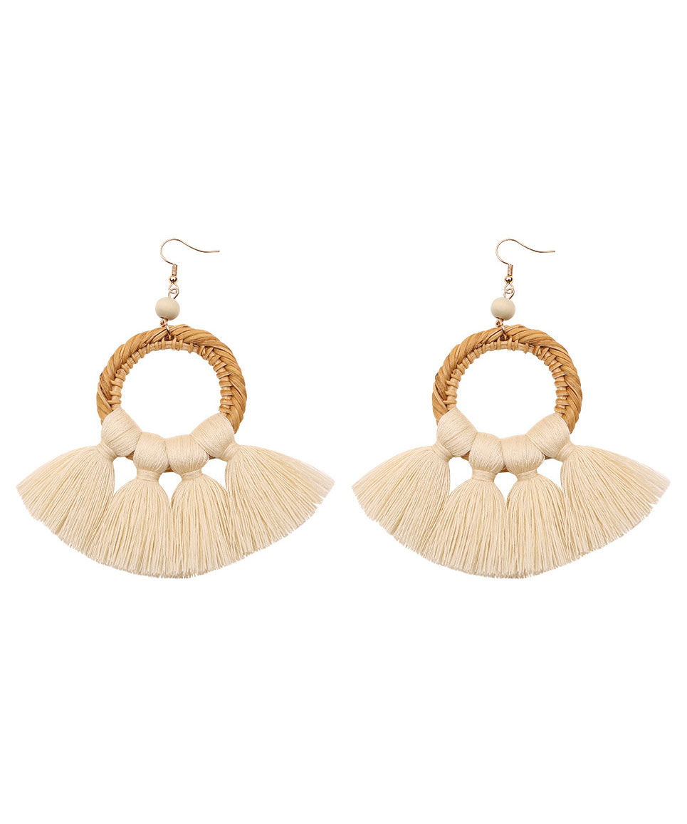 Women Red Hand Woven Tassel Drop Earrings