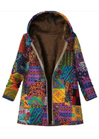 Women Red Hooded Print Zippered Patchwork Warm Fleece Coats Fall