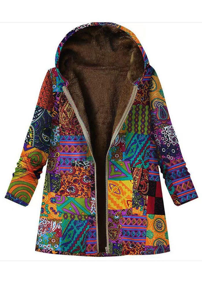 Women Red Hooded Print Zippered Patchwork Warm Fleece Coats Fall