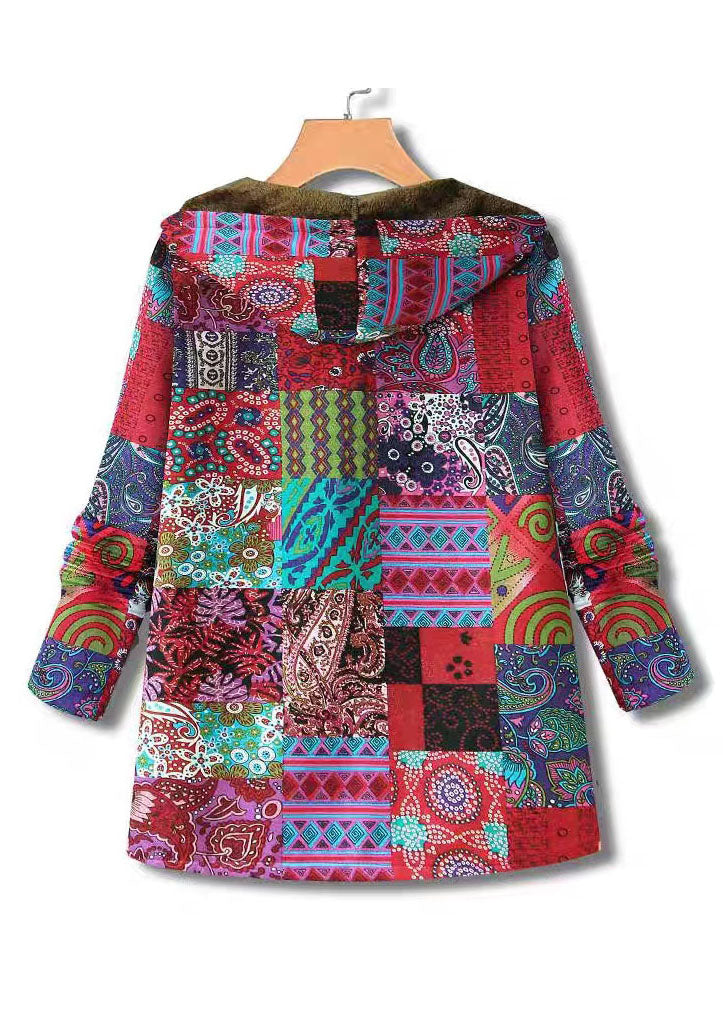 Women Red Hooded Print Zippered Patchwork Warm Fleece Coats Fall