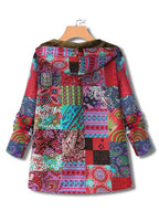 Women Red Hooded Print Zippered Patchwork Warm Fleece Coats Fall