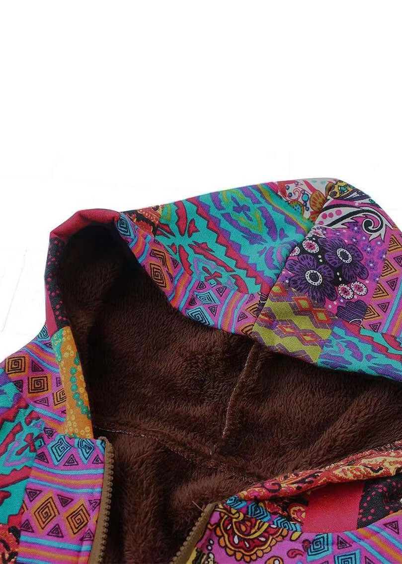 Women Red Hooded Print Zippered Patchwork Warm Fleece Coats Fall