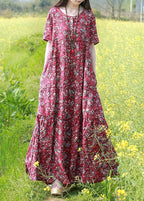 Women Red O-Neck Button print Patchwork Beach Dresses Short Sleeve