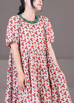 Women Red O-Neck Patchwork Print Cotton A Line Dress Short Sleeve