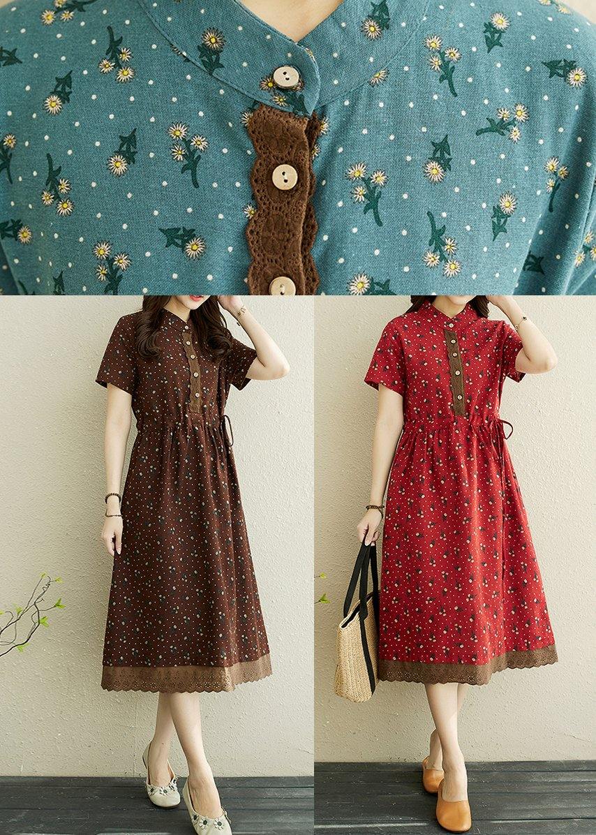 Women Red Print stand collar Robe Summer Cotton Dress