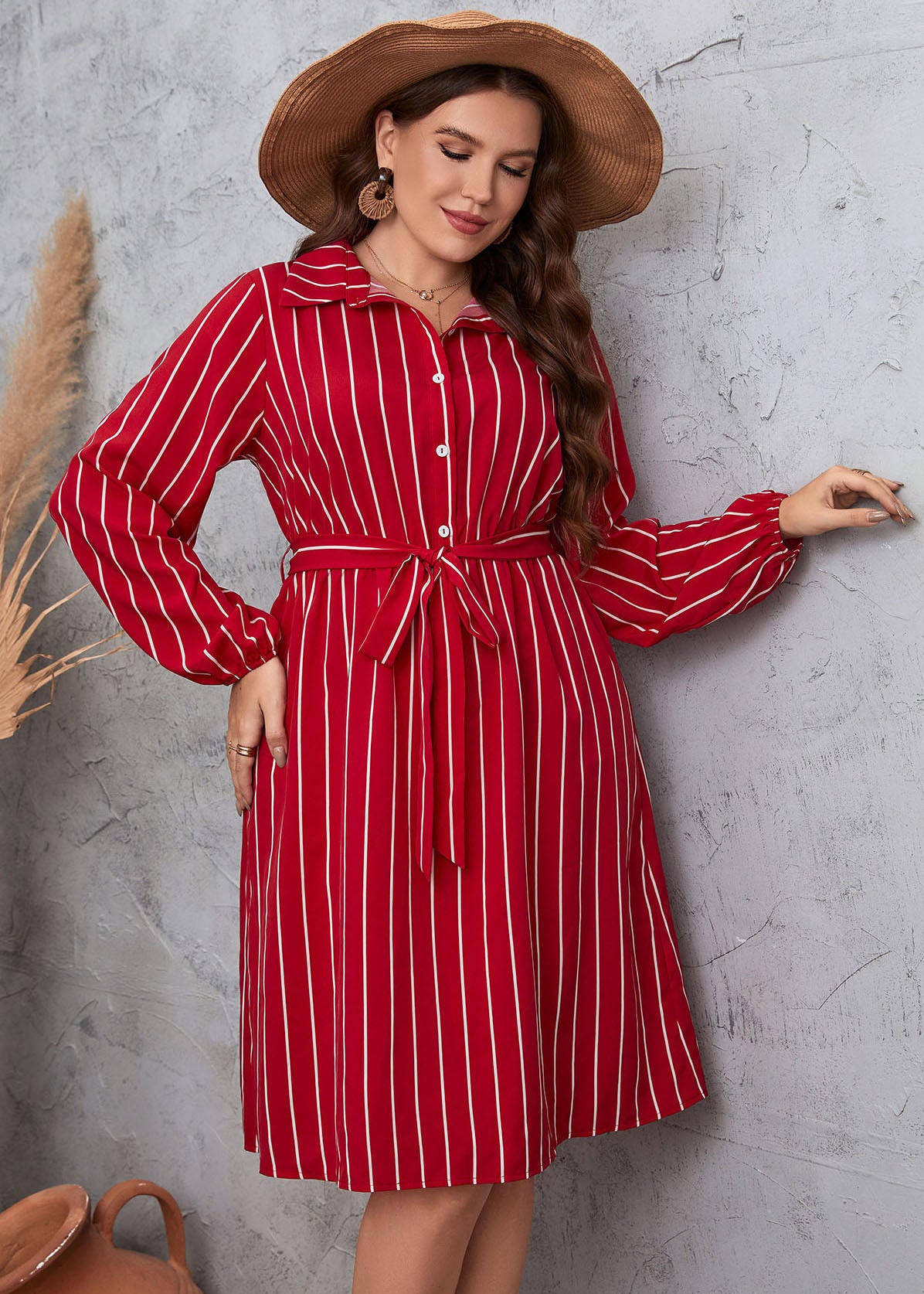 Women Red Striped Tie Waist Patchwork Chiffon Shirts Dress Fall